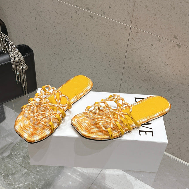 LOEWE 26S BRAIDED CAGE SLIDE SANDALS IN YELLOW CALFSKIN
