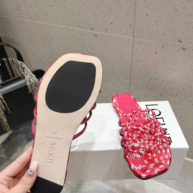 LOEWE 26S BRAIDED CAGE SLIDE SANDALS IN CORAL PINK CALFSKIN