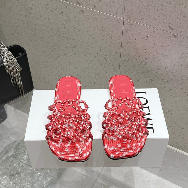 LOEWE 26S BRAIDED CAGE SLIDE SANDALS IN CORAL PINK CALFSKIN
