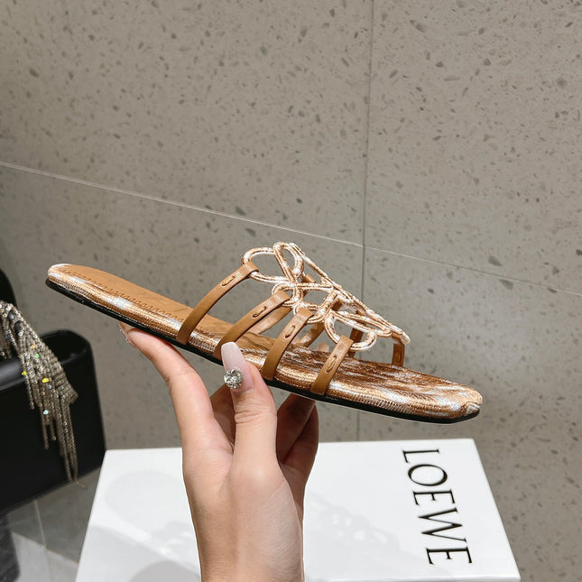 LOEWE 26S BRAIDED CAGE SLIDE SANDALS IN TAN BROWN CALFSKIN