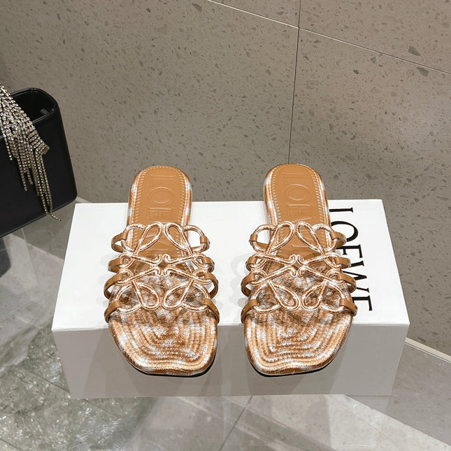 LOEWE 26S BRAIDED CAGE SLIDE SANDALS IN TAN BROWN CALFSKIN
