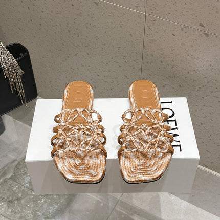 LOEWE 26S BRAIDED CAGE SLIDE SANDALS IN TAN BROWN CALFSKIN
