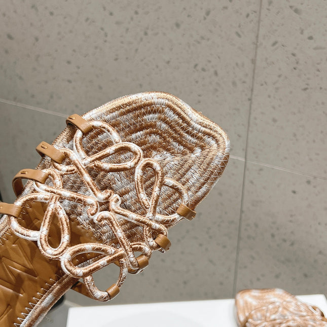 LOEWE 26S BRAIDED CAGE SLIDE SANDALS IN TAN BROWN CALFSKIN