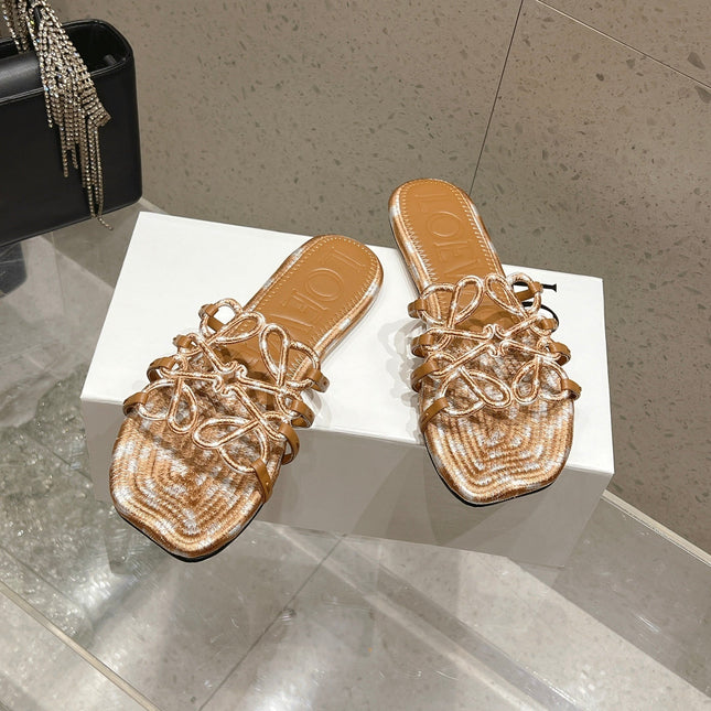 LOEWE 26S BRAIDED CAGE SLIDE SANDALS IN TAN BROWN CALFSKIN