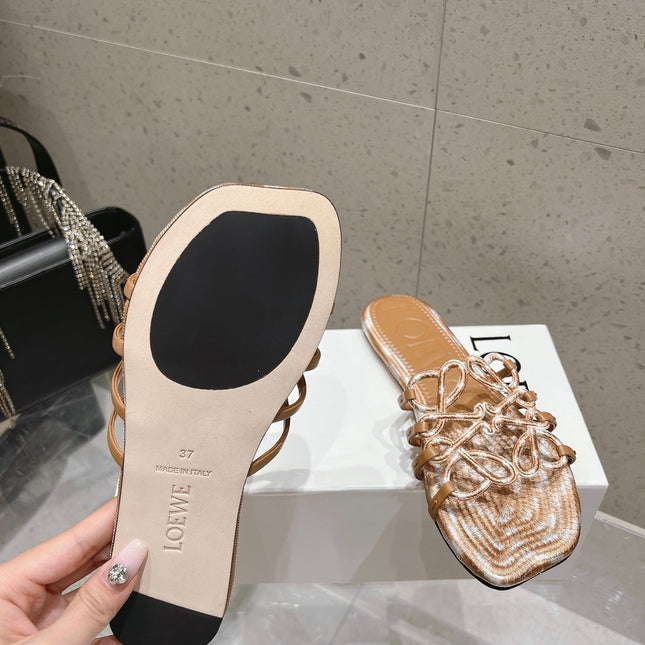LOEWE 26S BRAIDED CAGE SLIDE SANDALS IN TAN BROWN CALFSKIN
