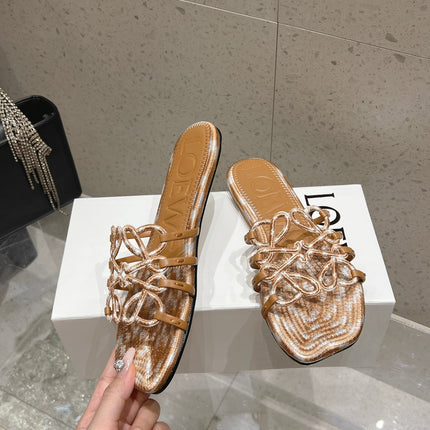 LOEWE 26S BRAIDED CAGE SLIDE SANDALS IN TAN BROWN CALFSKIN