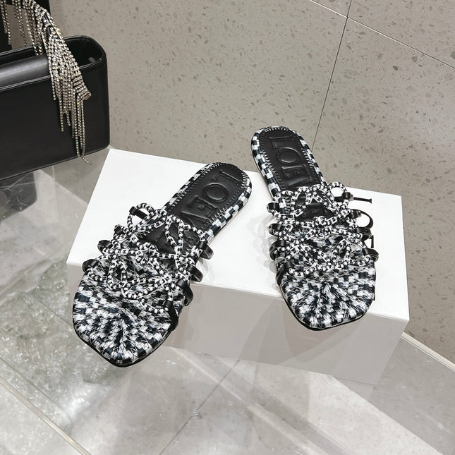 LOEWE 26S BRAIDED CAGE SLIDE SANDALS IN BLACK AND WHITE CALFSKIN