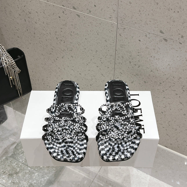 LOEWE 26S BRAIDED CAGE SLIDE SANDALS IN BLACK AND WHITE CALFSKIN
