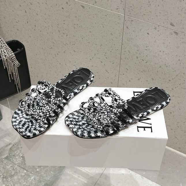 LOEWE 26S BRAIDED CAGE SLIDE SANDALS IN BLACK AND WHITE CALFSKIN