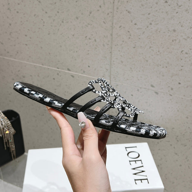 LOEWE 26S BRAIDED CAGE SLIDE SANDALS IN BLACK AND WHITE CALFSKIN