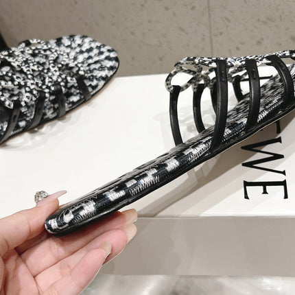 LOEWE 26S BRAIDED CAGE SLIDE SANDALS IN BLACK AND WHITE CALFSKIN