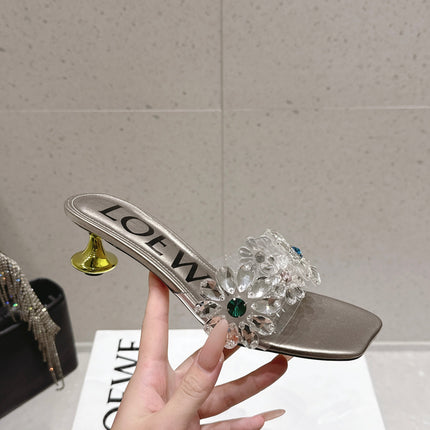 LOEWE 26S MULE HEELS 45MM IN LIGHT GREY PVC WITH CRYSTAL FLORAL
