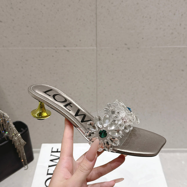 LOEWE 26S MULE HEELS 45MM IN LIGHT GREY PVC WITH CRYSTAL FLORAL