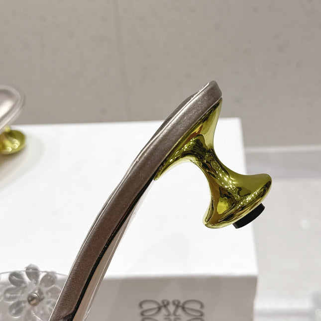 LOEWE 26S MULE HEELS 45MM IN LIGHT GREY PVC WITH CRYSTAL FLORAL