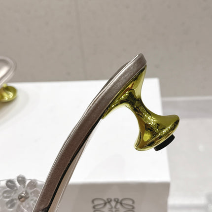 LOEWE 26S MULE HEELS 45MM IN LIGHT GREY PVC WITH CRYSTAL FLORAL