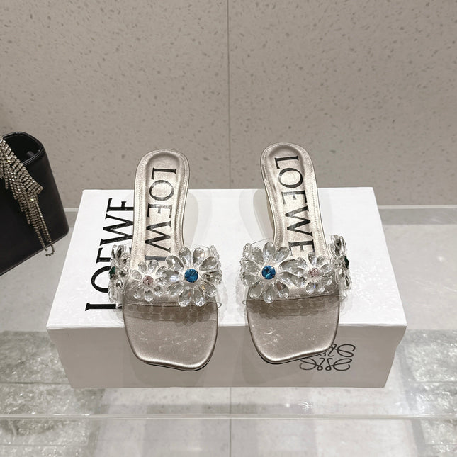 LOEWE 26S MULE HEELS 45MM IN LIGHT GREY PVC WITH CRYSTAL FLORAL
