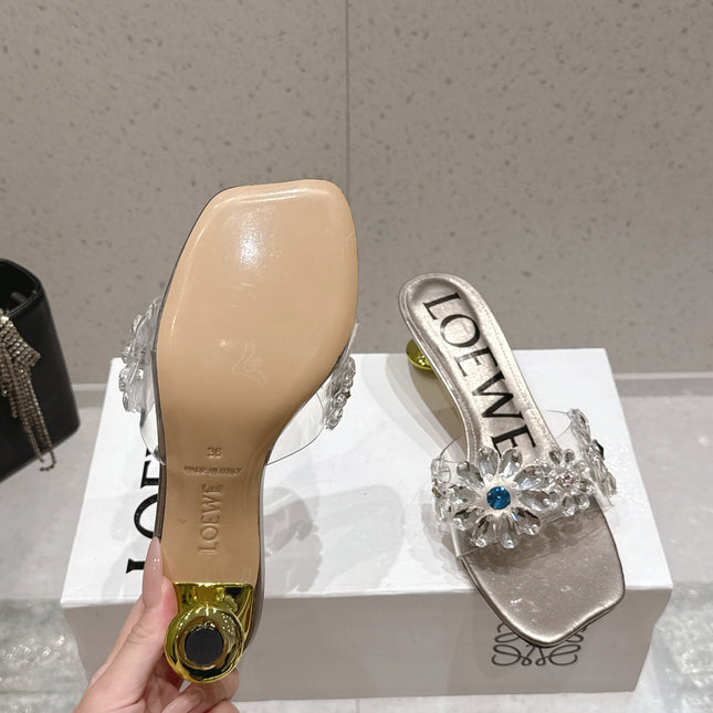 LOEWE 26S MULE HEELS 45MM IN LIGHT GREY PVC WITH CRYSTAL FLORAL