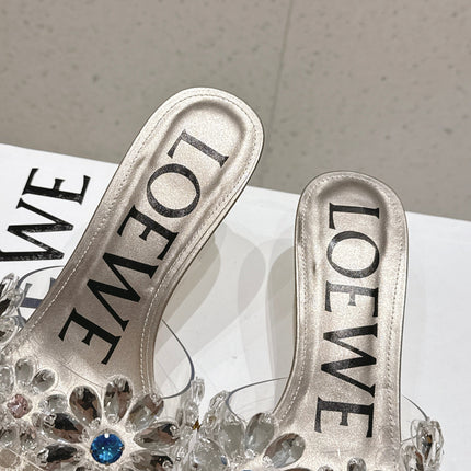 LOEWE 26S MULE HEELS 45MM IN LIGHT GREY PVC WITH CRYSTAL FLORAL