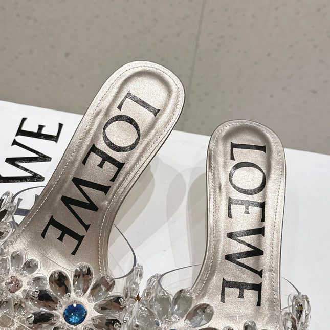 LOEWE 26S MULE HEELS 45MM IN LIGHT GREY PVC WITH CRYSTAL FLORAL