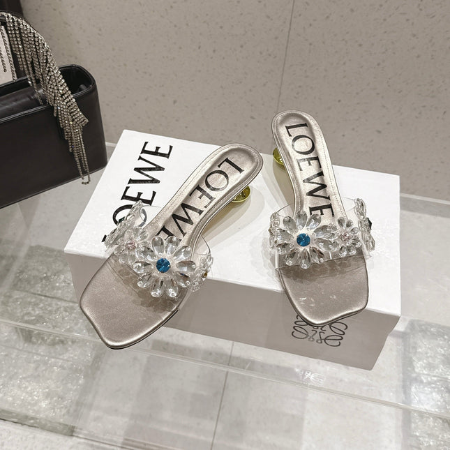LOEWE 26S MULE HEELS 45MM IN LIGHT GREY PVC WITH CRYSTAL FLORAL