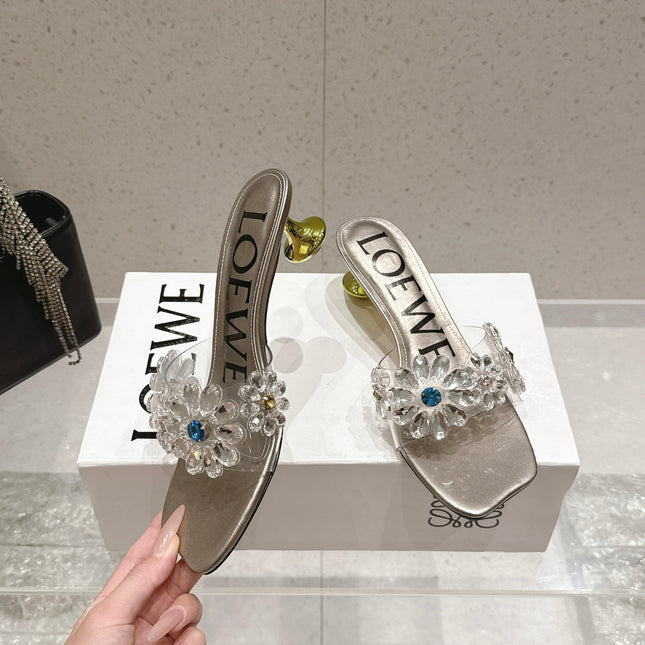 LOEWE 26S MULE HEELS 45MM IN LIGHT GREY PVC WITH CRYSTAL FLORAL