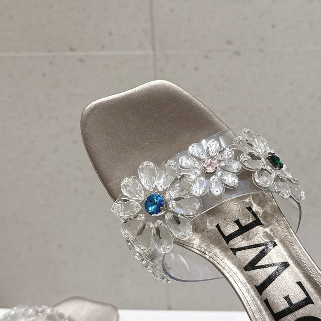 LOEWE 26S MULE HEELS 45MM IN LIGHT GREY PVC WITH CRYSTAL FLORAL