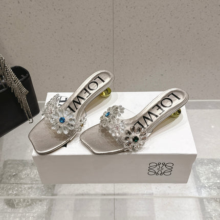 LOEWE 26S MULE HEELS 45MM IN LIGHT GREY PVC WITH CRYSTAL FLORAL