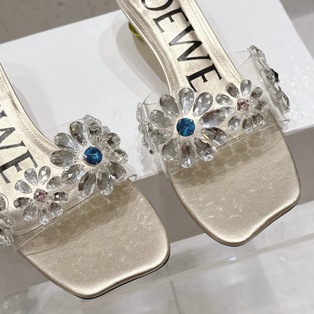 LOEWE 26S MULE HEELS 45MM IN GOLD PVC WITH CRYSTAL FLORAL