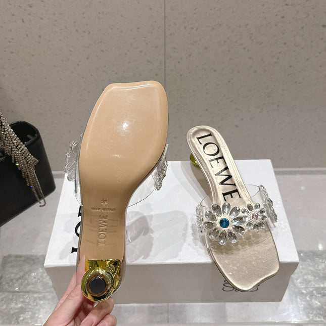 LOEWE 26S MULE HEELS 45MM IN GOLD PVC WITH CRYSTAL FLORAL