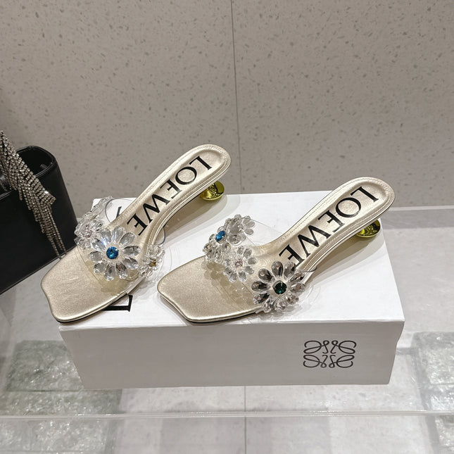 LOEWE 26S MULE HEELS 45MM IN GOLD PVC WITH CRYSTAL FLORAL