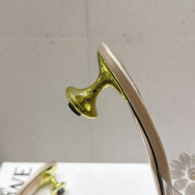 LOEWE 26S MULE HEELS 45MM IN GOLD PVC WITH CRYSTAL FLORAL
