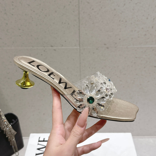 LOEWE 26S MULE HEELS 45MM IN GOLD PVC WITH CRYSTAL FLORAL