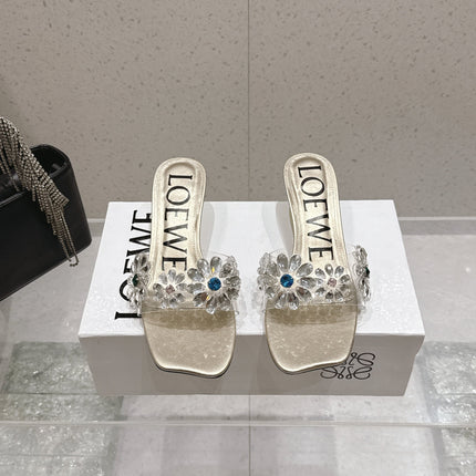 LOEWE 26S MULE HEELS 45MM IN GOLD PVC WITH CRYSTAL FLORAL