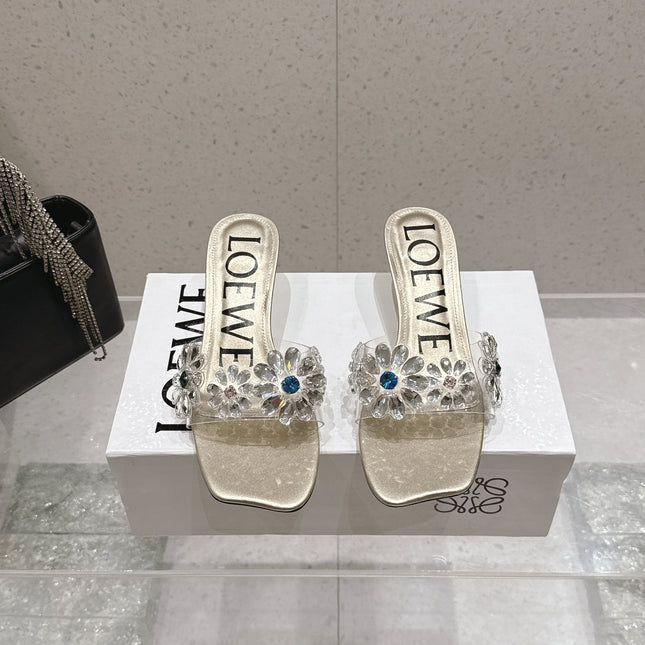 LOEWE 26S MULE HEELS 45MM IN GOLD PVC WITH CRYSTAL FLORAL