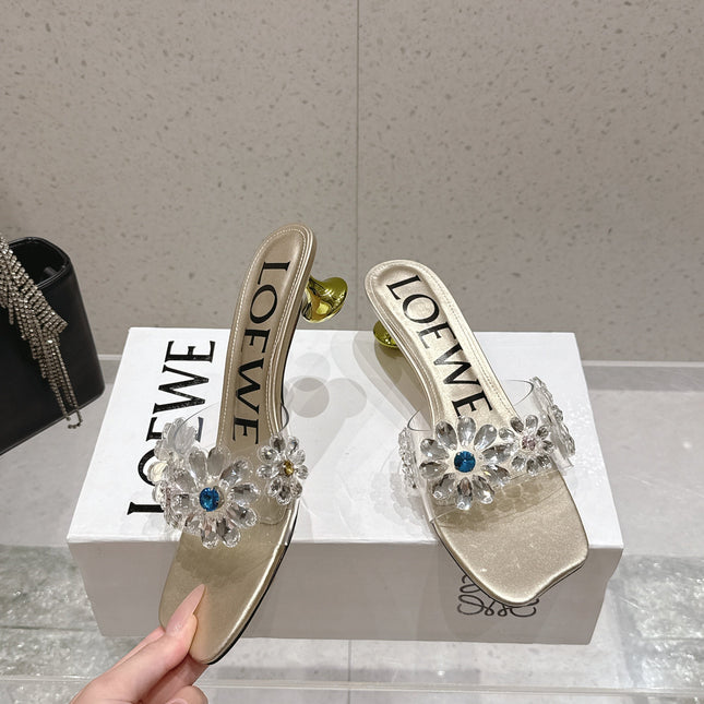 LOEWE 26S MULE HEELS 45MM IN GOLD PVC WITH CRYSTAL FLORAL