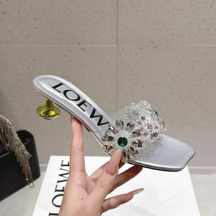 LOEWE 26S MULE HEELS 45MM IN SILVER PVC WITH CRYSTAL FLORAL