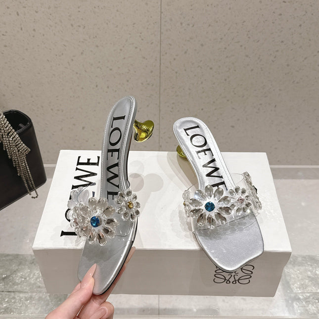 LOEWE 26S MULE HEELS 45MM IN SILVER PVC WITH CRYSTAL FLORAL