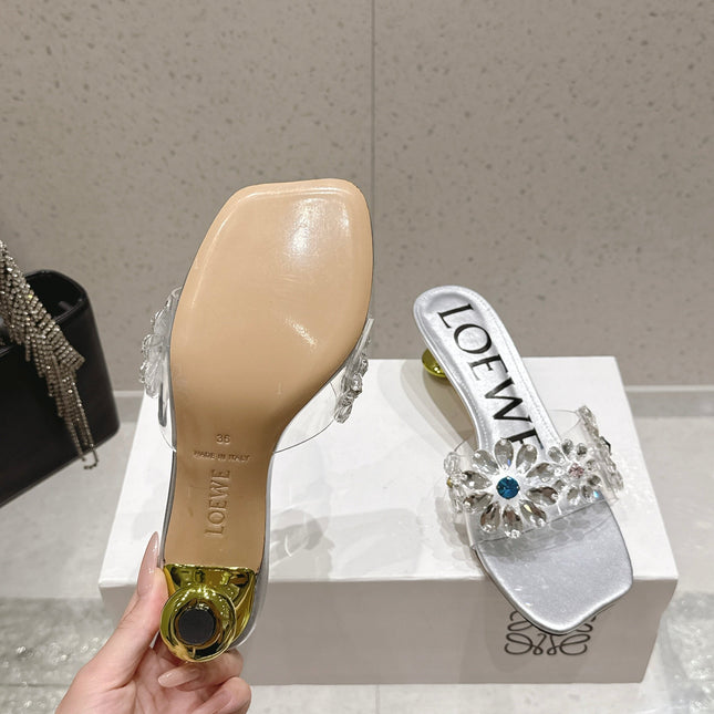 LOEWE 26S MULE HEELS 45MM IN SILVER PVC WITH CRYSTAL FLORAL