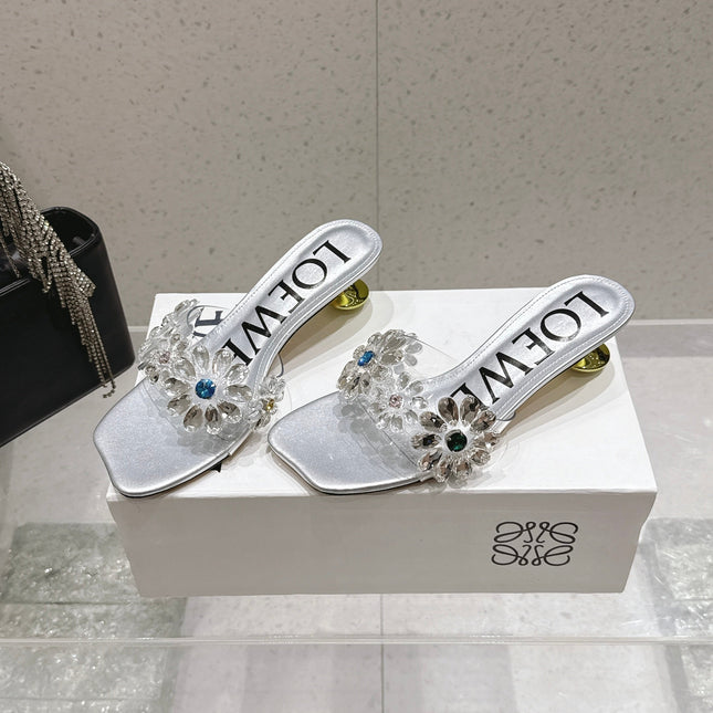 LOEWE 26S MULE HEELS 45MM IN SILVER PVC WITH CRYSTAL FLORAL
