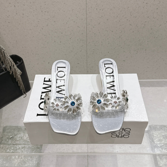 LOEWE 26S MULE HEELS 45MM IN SILVER PVC WITH CRYSTAL FLORAL