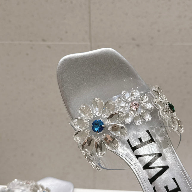 LOEWE 26S MULE HEELS 45MM IN SILVER PVC WITH CRYSTAL FLORAL