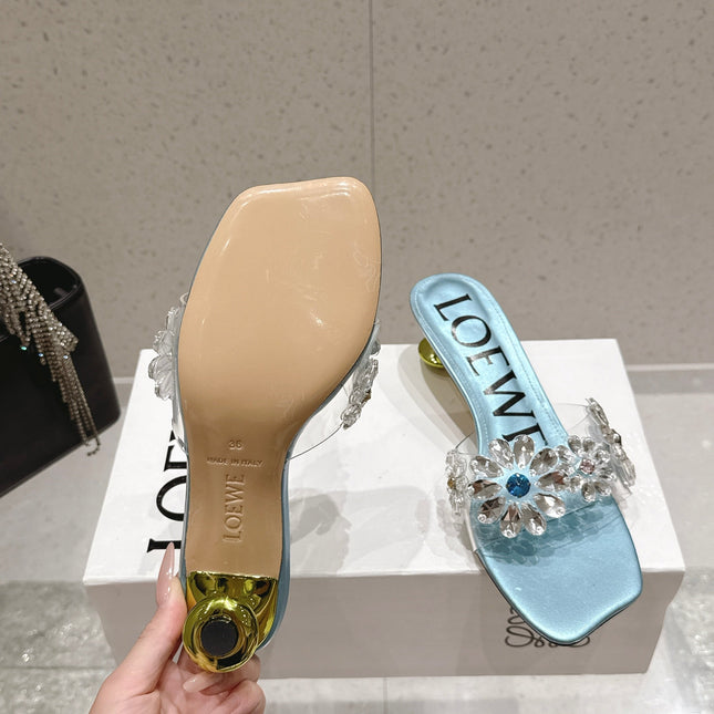 LOEWE 26S MULE HEELS 45MM IN LIGHT BLUE PVC WITH CRYSTAL FLORAL