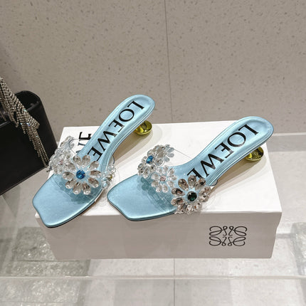 LOEWE 26S MULE HEELS 45MM IN LIGHT BLUE PVC WITH CRYSTAL FLORAL