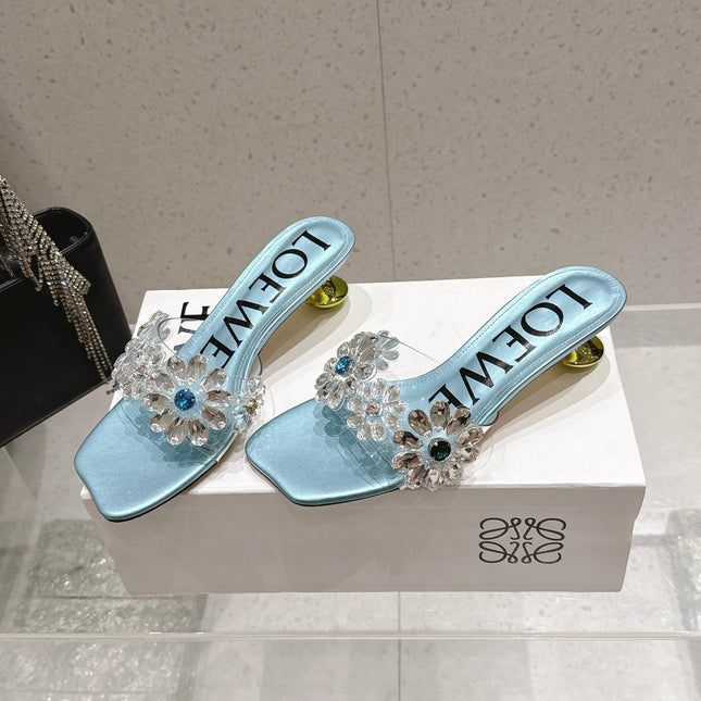 LOEWE 26S MULE HEELS 45MM IN LIGHT BLUE PVC WITH CRYSTAL FLORAL