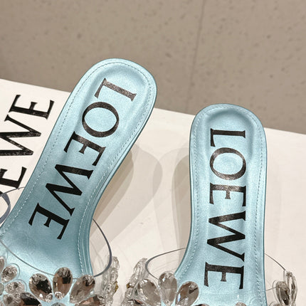 LOEWE 26S MULE HEELS 45MM IN LIGHT BLUE PVC WITH CRYSTAL FLORAL