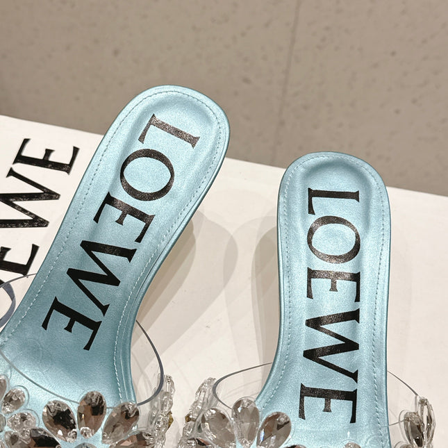 LOEWE 26S MULE HEELS 45MM IN LIGHT BLUE PVC WITH CRYSTAL FLORAL