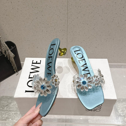LOEWE 26S MULE HEELS 45MM IN LIGHT BLUE PVC WITH CRYSTAL FLORAL