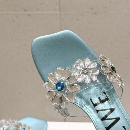 LOEWE 26S MULE HEELS 45MM IN LIGHT BLUE PVC WITH CRYSTAL FLORAL