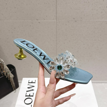 LOEWE 26S MULE HEELS 45MM IN LIGHT BLUE PVC WITH CRYSTAL FLORAL