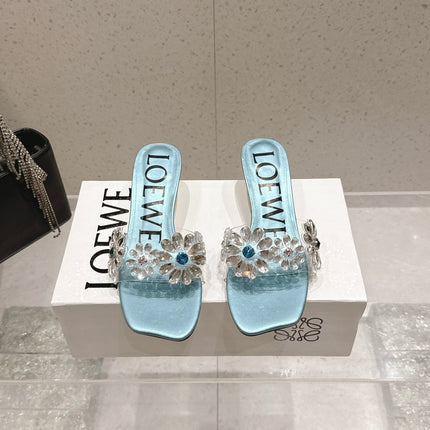 LOEWE 26S MULE HEELS 45MM IN LIGHT BLUE PVC WITH CRYSTAL FLORAL